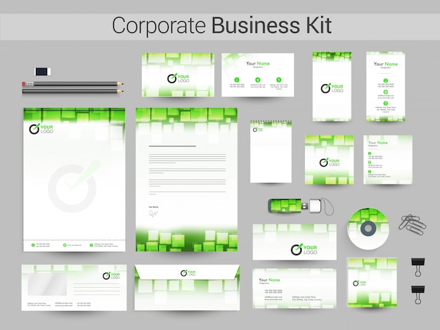 Kit corporativo corporativo em cores verdes e brancas.