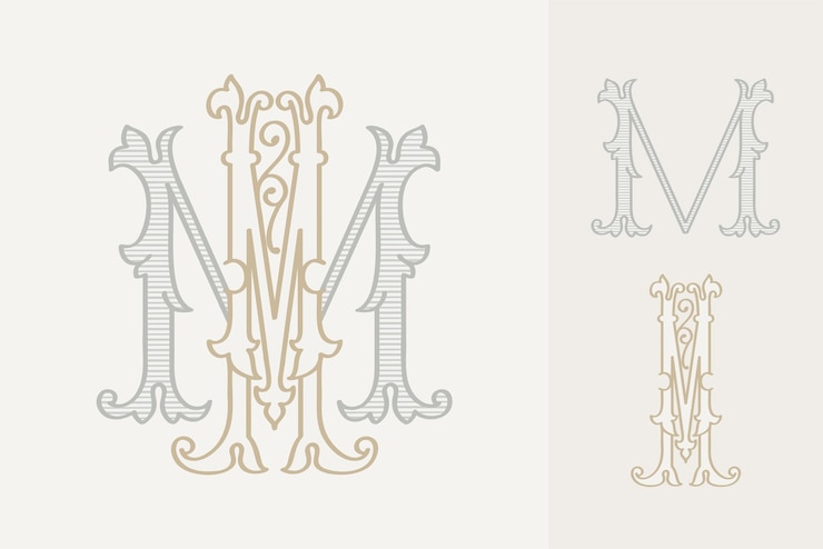 Kit de criador de monograma de casamento com letra M Alfabeto elegante de estilo histórico para convites de festa