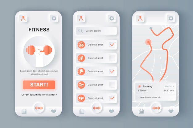 Vetor kit de design neumorfo exclusivo para monitor de fitness para aplicativo móvel.
