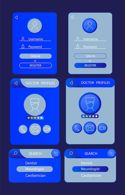 Kit de elementos de interface do usuário de consulta médica on-line componentes vetoriais isolados menus de navegação plana e modelo de botões de interface coleção de widgets de design da web para tema escuro de aplicativo móvel