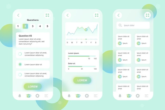 Kit de elementos neumórficos de design glassmorphic de aprendizagem on-line para conjunto de telas ui ux de aplicativos móveis