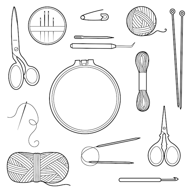 Vetor kit de ferramentas de costura agulhas de fio aros tesouras ilustração em preto e branco para crianças livro de coloração