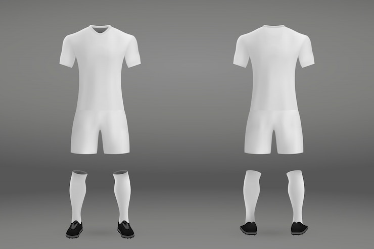 Vetor kit de futebol modelo realista com camisa, calças e meias no cenário da loja