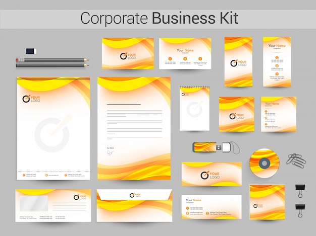 Kit de identidade corporativa com ondas amarelas para negócios.