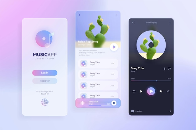 Kit de interface de interface do usuário de música holográfica glassmorphism 3D para aplicativo de telefone móvel, incluindo lista de reprodução de login e página de reprodução