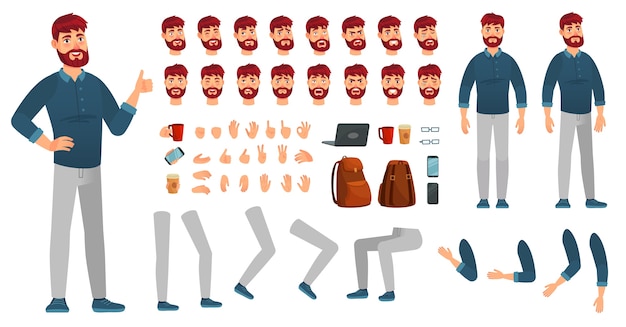 Kit de personagem masculino dos desenhos animados. homem com roupas casuais, diferentes mãos, poses de pernas e emoção facial. construtor de personagens, hipster ou poses de cara empresário criativo. conjunto de ícones de vetor isolado