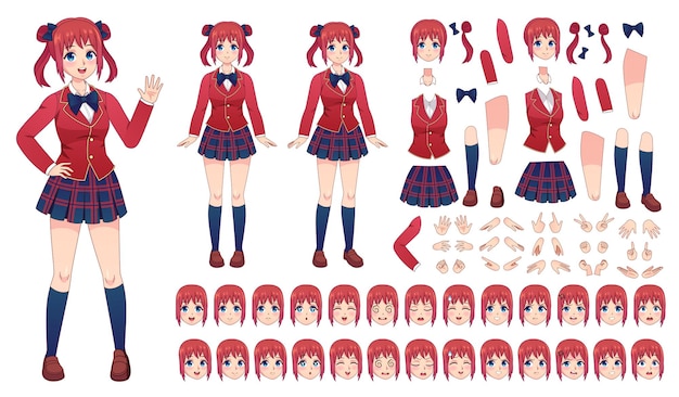 Personagem de anime com diferentes poses de uma mulher com uma