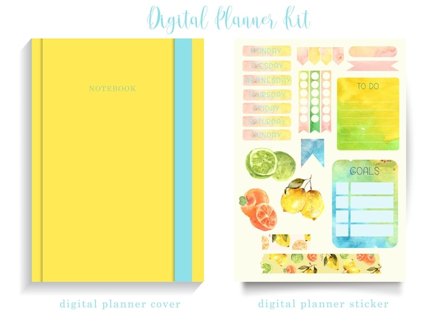 Vetor kit de planejador digital de tema de frutas coloridas com aquarela de capa de livro