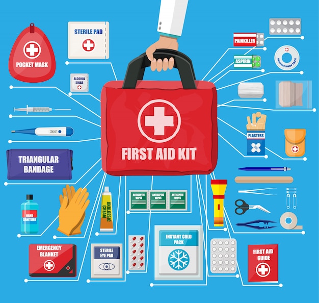 Kit de primeiros socorros com equipamento médico