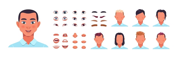 Kit de rosto de homem Kit de construtor de avatar de personagem masculino com cabelo, nariz e lábios Formas faciais e modelos de penteado Olhos com criação de sobrancelhas Conjunto de elementos editáveis de retrato humano de desenho vetorial