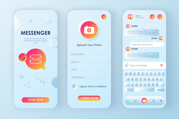 Kit neomórfico exclusivo do messenger online para aplicativos. serviço de mensagens de rede social com perfil de usuário e teclado de bate-papo. ui do messenger móvel, conjunto de modelo de ux. gui para aplicativos móveis responsivos.