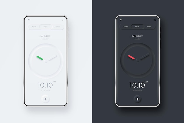 Kit neumorphic ui na tela do smartphone. relógio no modelo preto e branco do smartphone. aplicativo de interface móvel.