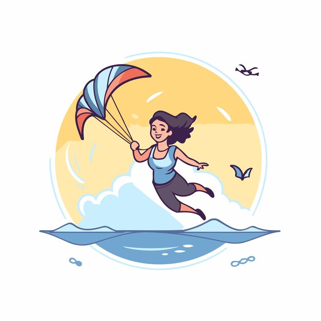 Vetor kite surfer menina pulando com kiteboard ilustração vetorial
