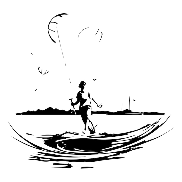 Vetor kitesurfista no fundo do pôr-do-sol ilustração vetorial