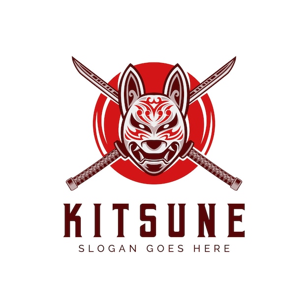 Kitsune e cross katana samurai shuriken head japan wolf logo modern style vector illustration