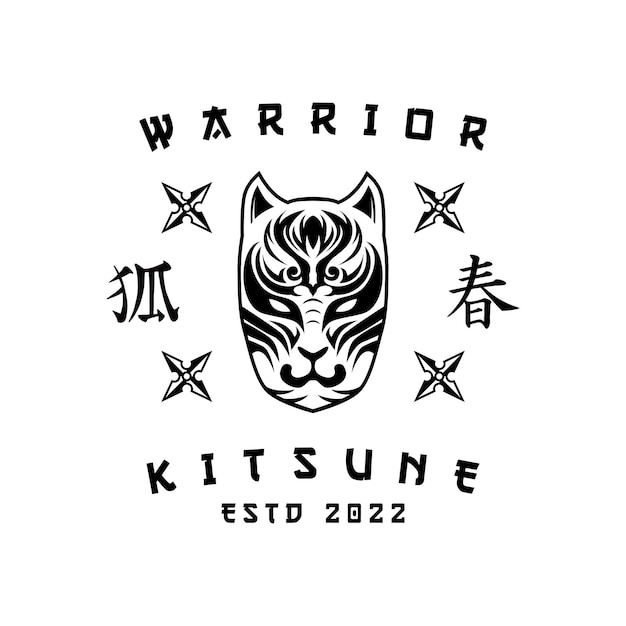 Kitsune samurai head japonês wolf logo em estilo vintage ilustração vetorial preto e branco