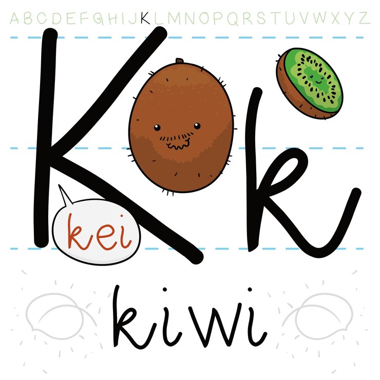 Vetor kiwi felpudo com bigode e outro fatiado aprendendo a letra 'k' do alfabeto inglês