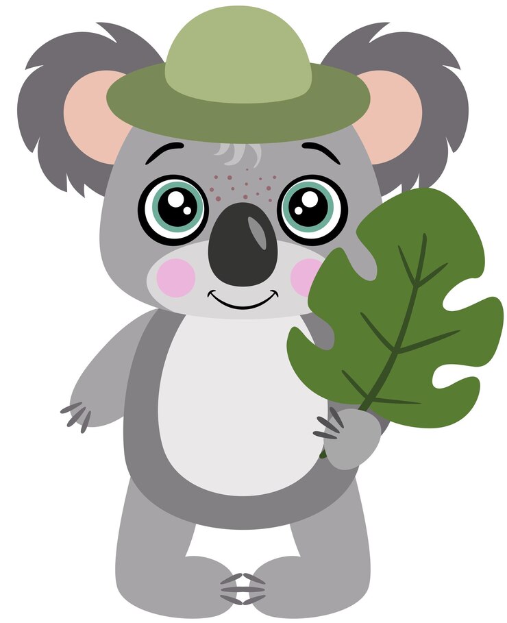 Vetor koala explorador com um chapéu segurando uma folha