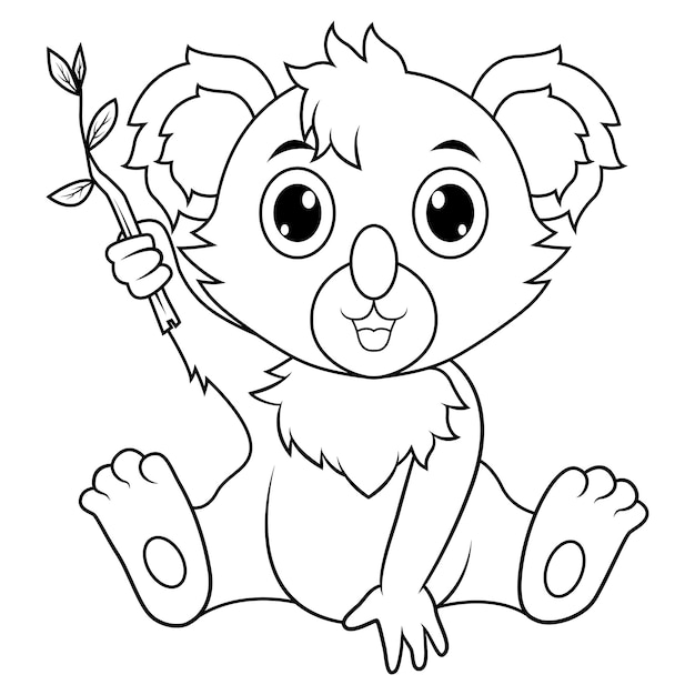 Koala sentado no chão e segurando uma folha