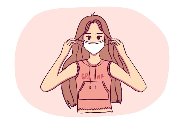 Kpop menina usar máscara ilustração desenhada à mão