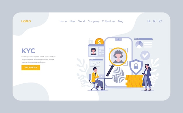 Vetor kyc web ou landing page uma mistura perfeita de verificação biométrica perfis digitais e financeiros