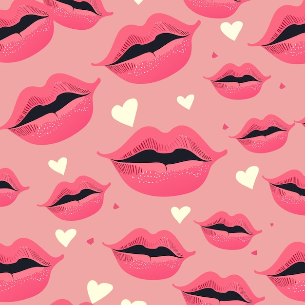 Lábios beijando rosa fundo padrão com corações brancos amor ou conceito de dia dos namorados
