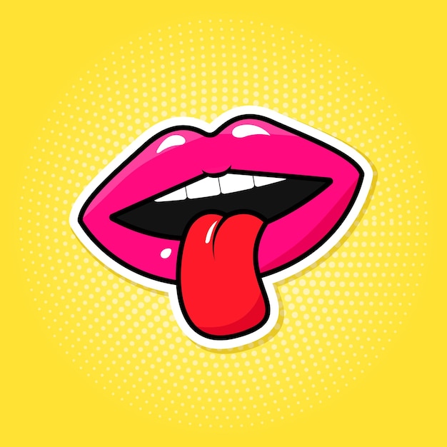 Lábios coloridos e língua em estilo retro pop art.