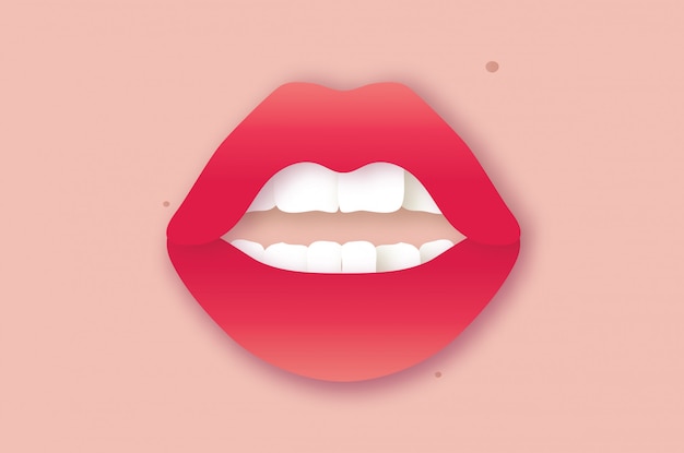 Lábios de mulher. Bocas de menina close-up. Batom vermelho. dente branco