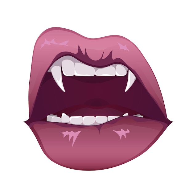 Ilustração simples de lábios de mulher sexy com dentes de vampiro de presas  de vampiro pintados em uma linha