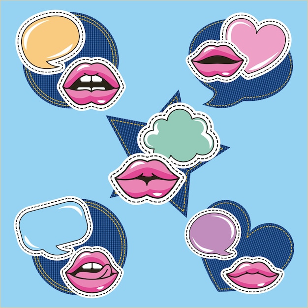 Vetor lábios femininos discurso bolhas remendos moda imagem