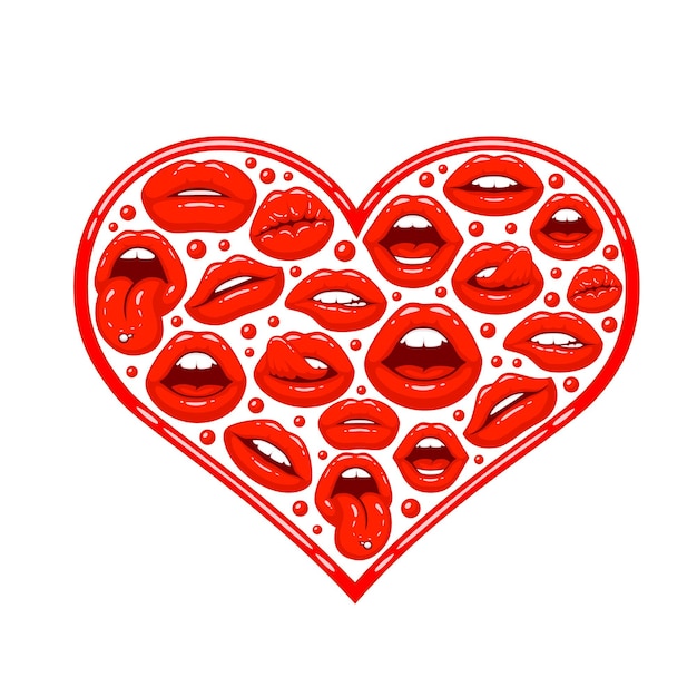 Vetor lábios vermelhos em forma de coração. ilustração vetorial