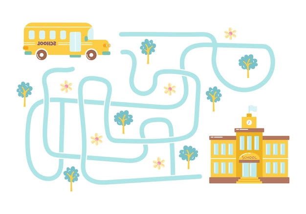 Labirinto ajuda o ônibus a encontrar o caminho certo para a escola Busca lógica para crianças Ilustração fofa