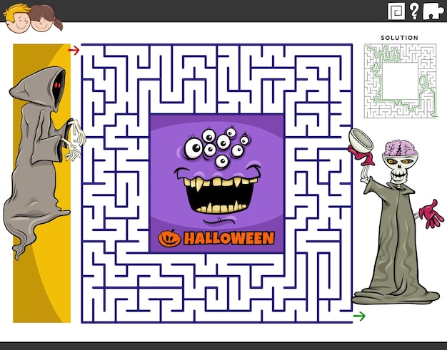 Labirinto com esqueleto de desenho animado e monstro na hora do Halloween