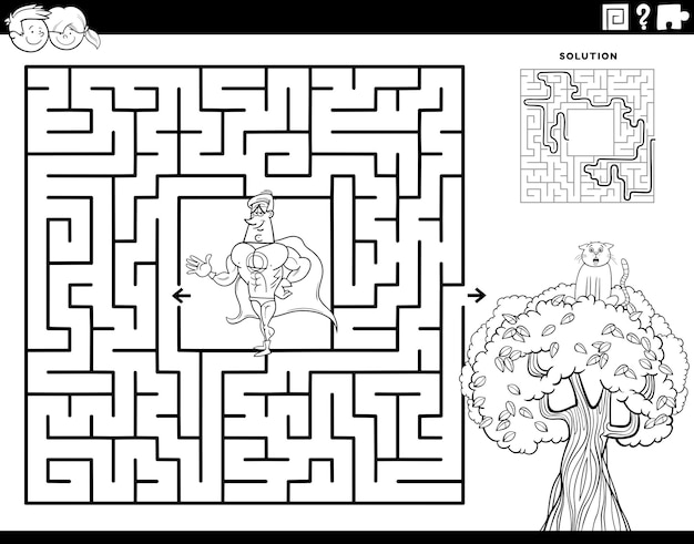 labirinto com super-herói de desenho animado e gatinho na árvore página de coloração