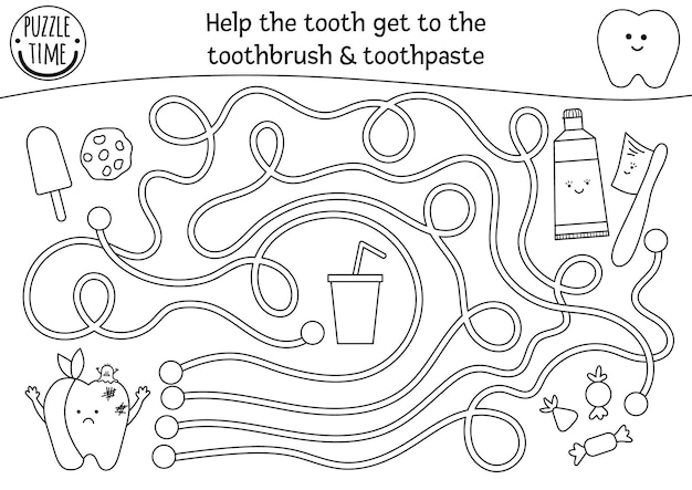 Labirinto de atendimento odontológico em preto e branco para crianças atividade de esboço médico pré-escolar jogo de quebra-cabeça engraçado ou página para colorir ajude o dente doente a chegar à escova e pasta de dentes labirinto de higiene da bocaxa