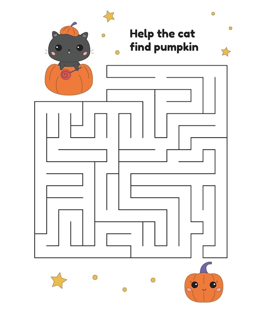 Ajude um gato preto a encontrar o caminho para a casa. jogo de labirinto de  halloween para crianças em estilo cartoon