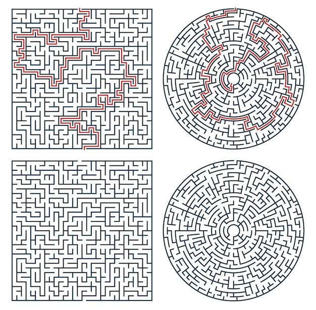 Labirinto de labirinto, jogo de lógica ou teste. encontre caminho, caminho ou saída procurando enigma, crianças educação atividade quadrado e modelo de vetor de linha fina de forma de círculo. quebra-cabeça, labirinto difícil com solução de tarefas