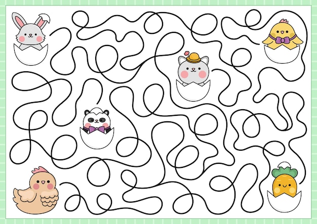 Labirinto de páscoa para crianças férias de primavera atividade pré-escolar imprimível com galinha kawaii à procura de polinho jogo de labirinto de jardim ou quebra-cabeça com personagens bonitos escondidos em ovos gato cenoura panda coelho xa