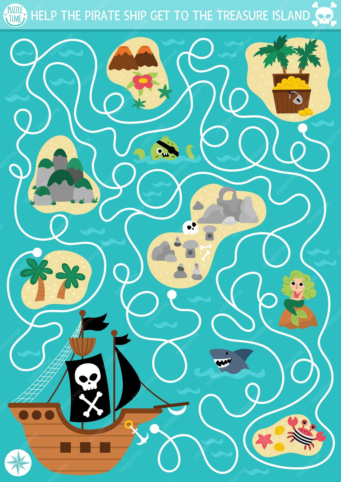 ajude o navio pirata a encontrar o caminho para a ilha. jogo de labirinto  de pirata bonito dos desenhos animados. labirinto. jogo divertido para a  educação infantil. ilustração vetorial 4258706 Vetor no