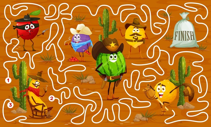 Vetor labirinto jogo de labirinto frutas cowboy rangers