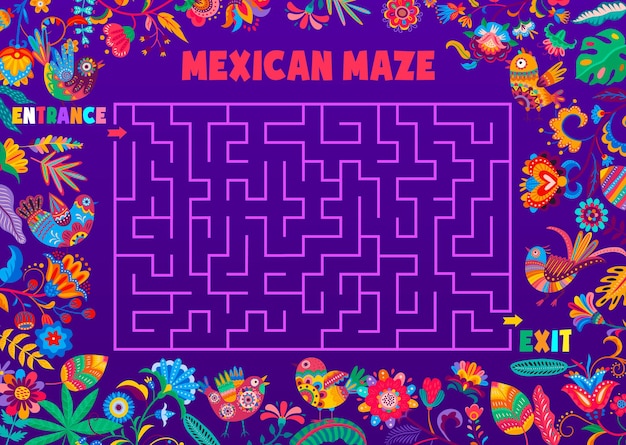 Labirinto jogo de labirinto. planilha de jogo de vetor de flores e pássaros mexicanos dos desenhos animados. labirinto quadrado infantil, quebra-cabeças e enigmas. encontre planilha de jogo de caminho com ornamento mexicano nacional de desenho animado