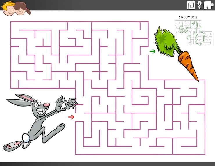 Vetor labirinto jogo educativo com coelho e cenoura dos desenhos animados