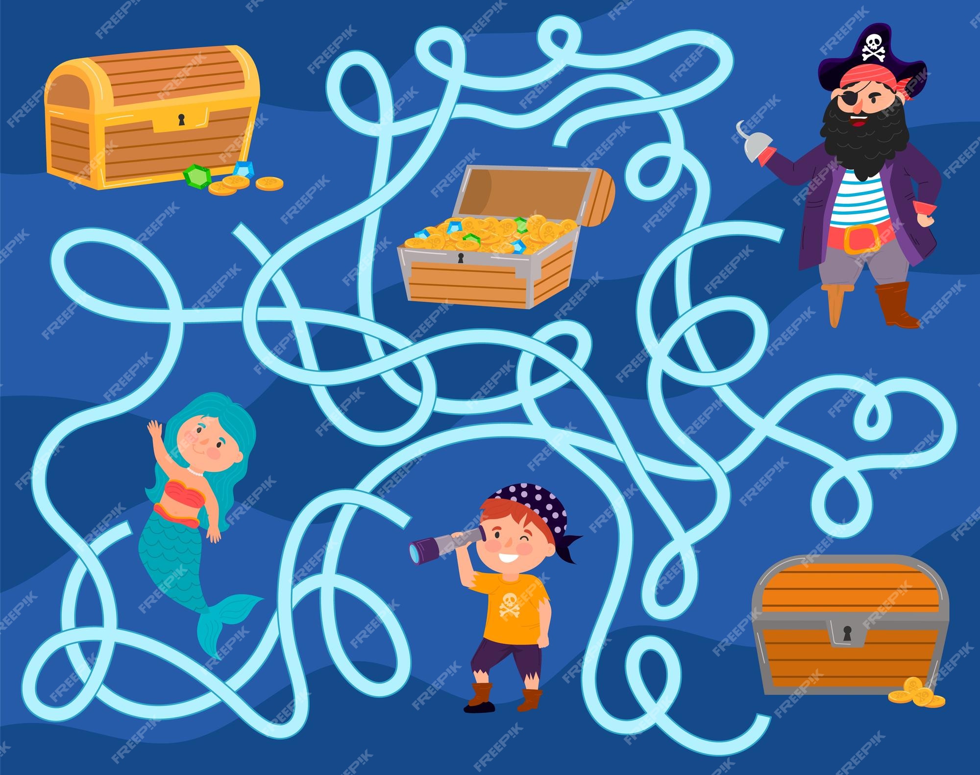 ajude o pirata a chegar ao baú do tesouro. bonito jogo de labirinto  desenhado à mão. labirinto. jogo divertido para a educação infantil.  ilustração vetorial 4258713 Vetor no Vecteezy