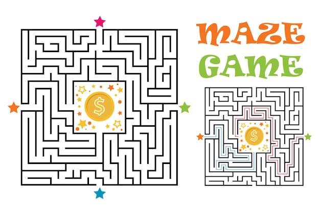 Labirinto quadrado jogo infantil enigma da lógica com moeda de ouro quatro e e um caminho certo a seguir