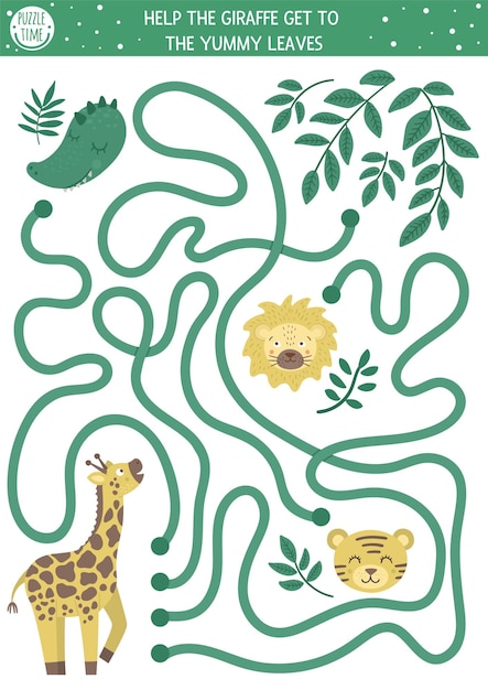 Labirinto tropical para crianças. Atividade exótica pré-escolar. Quebra-cabeça de selva engraçado. Ajude a girafa a chegar às folhas.