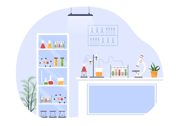 Laboratório com realização de pesquisa científica e medição em um laboratório em ilustração