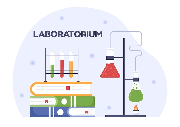 Laboratório com realização de pesquisa científica e medição em um laboratório em ilustração