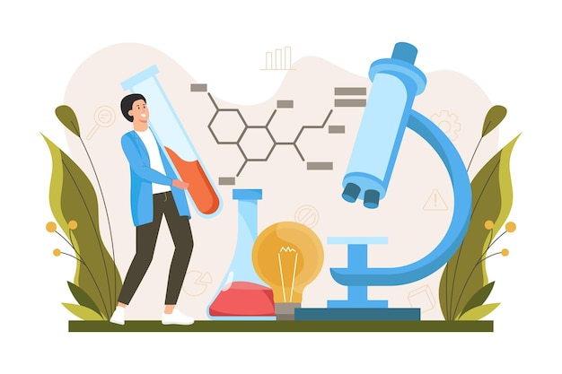 Vetor laboratório de ciências do conceito de cores com cena de pessoas no design de desenho animado plano trabalhos de jovens cientistas