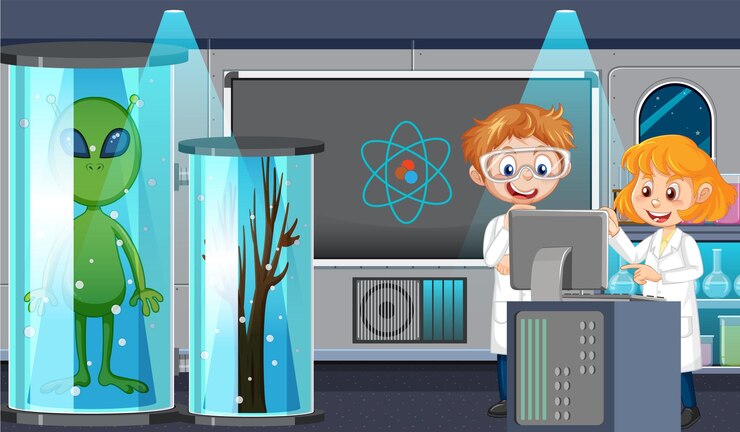 Vetor laboratório de ciências para experimentos químicos com cientista