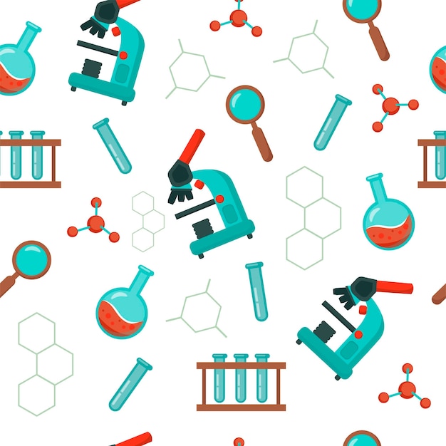 Laboratório de padrão sem emenda, pesquisa científica. microscópio, lupa, molécula, tubo de ensaio. fundo de vetor.